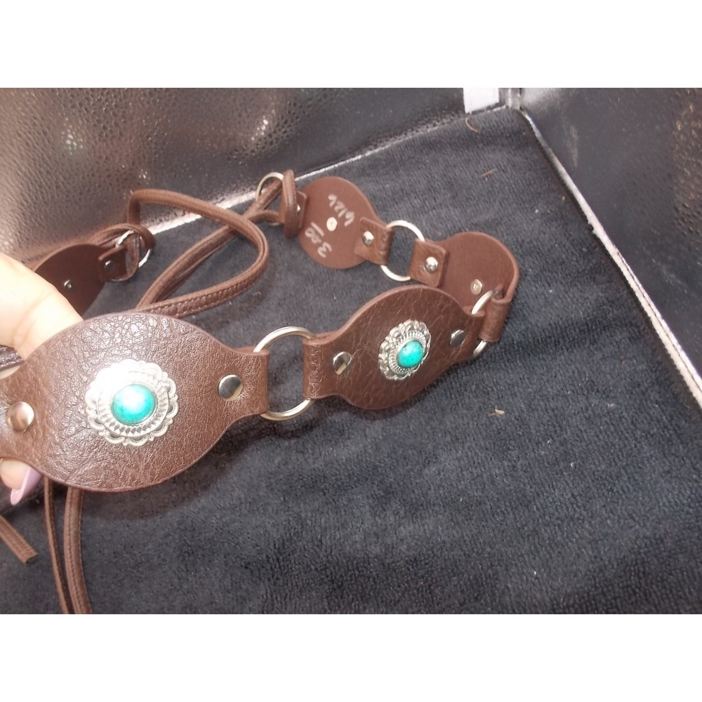 Western Faux Turquoise Concho Belt Brown Faux Leather Silver Tone Tie Back Boho